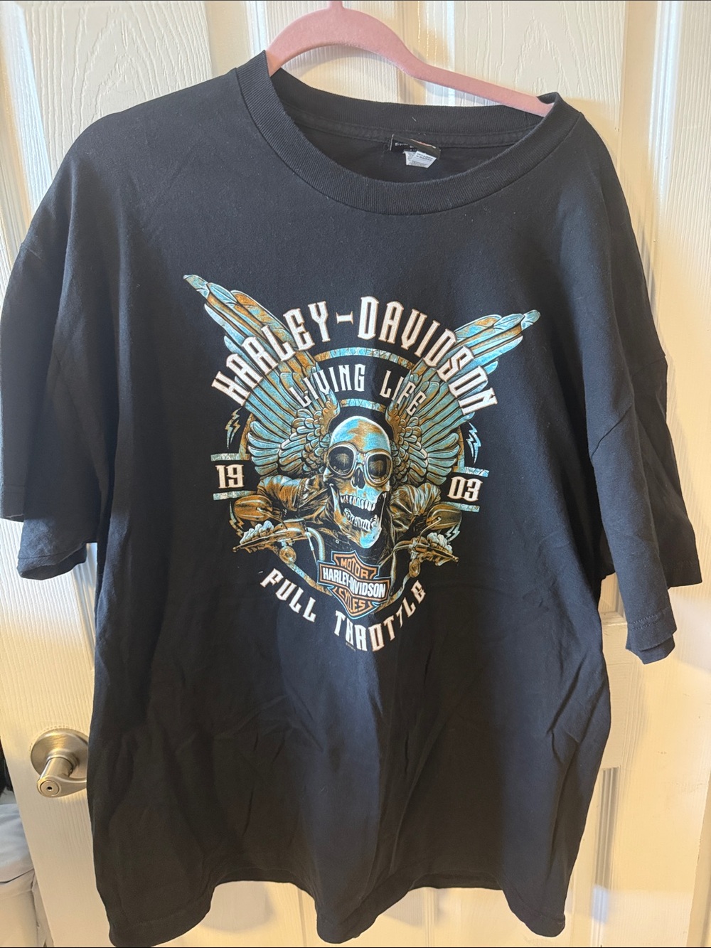 Harley-Davidson Black Tee with Blue and Gold Skull Wing Graphic